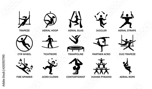 Circus discipline icons depicting aerial and acrobatic acts