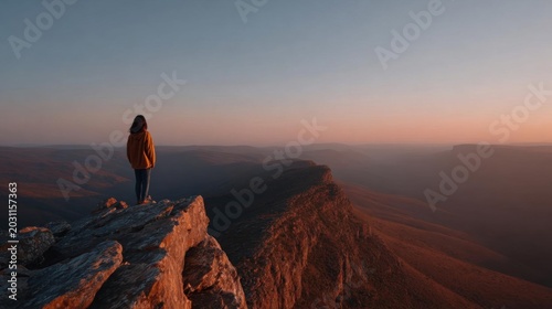 Person standing on the edge of a cliff, overlooking a vast landscape. the person is wearing a yellow jacket and blue jeans, and is standing with their back to the camera, looking out at the horizon.