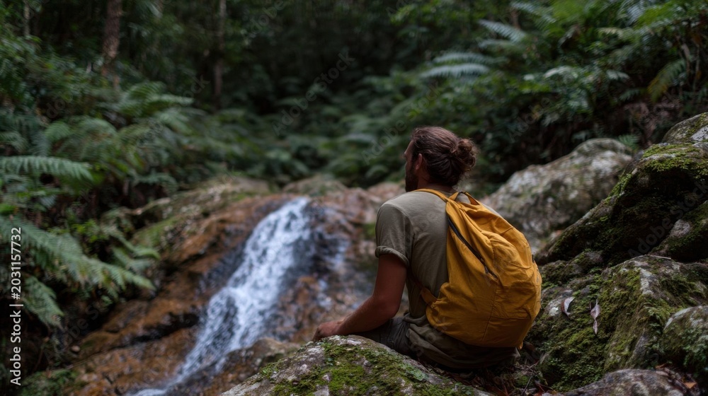 Naklejka premium Man sitting on a large rock in a forest. he is wearing a yellow backpack and has his back to the camera, looking out at a small waterfall cascading down the rocks.