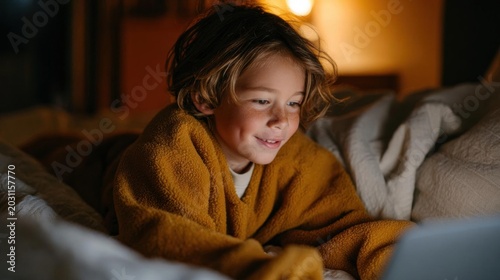 Young boy lying on a bed, wrapped in a yellow blanket. he is looking at a laptop screen with a smile on his face.