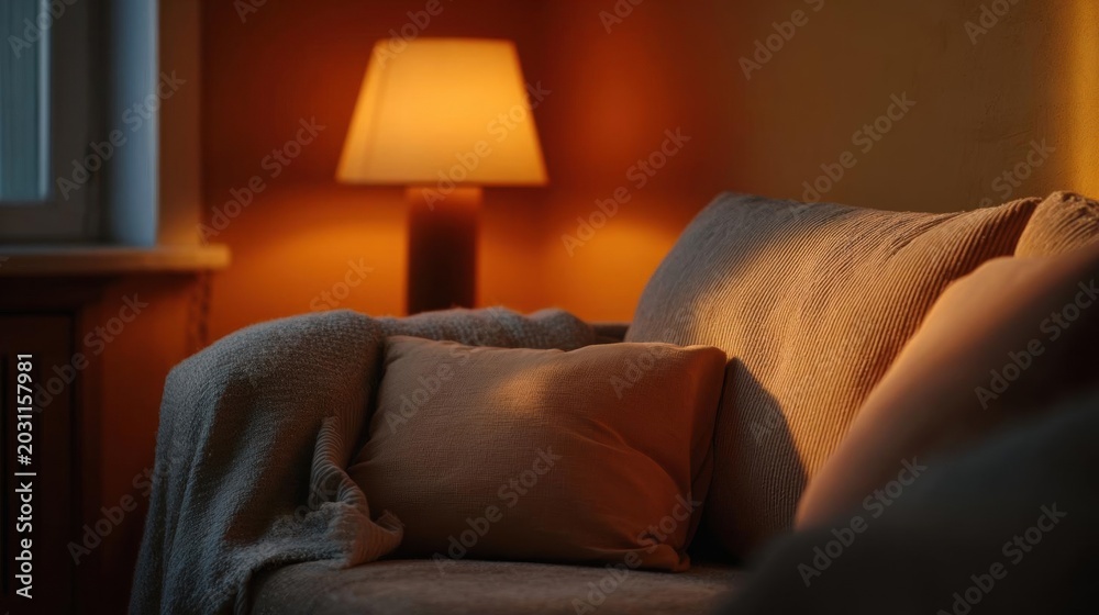 Fototapeta premium Cozy living room scene with a couch and a lamp. the couch is covered with a gray blanket and there are two orange throw pillows on it. the lamp is turned on, casting a warm glow on the wall behind it.