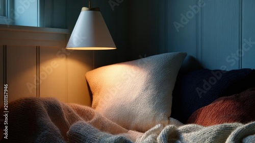 Cozy bedroom scene with a white lamp hanging above a bed. the bed is covered with a beige blanket and there are several pillows and blankets scattered around it.