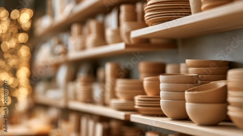 compostable tableware on sustainable shelf with soft focus glow