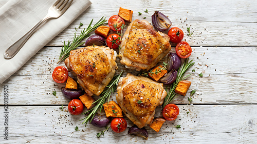 Grilled chicken skewers with roasted vegetables on rustic wooden table outdoor meal setting