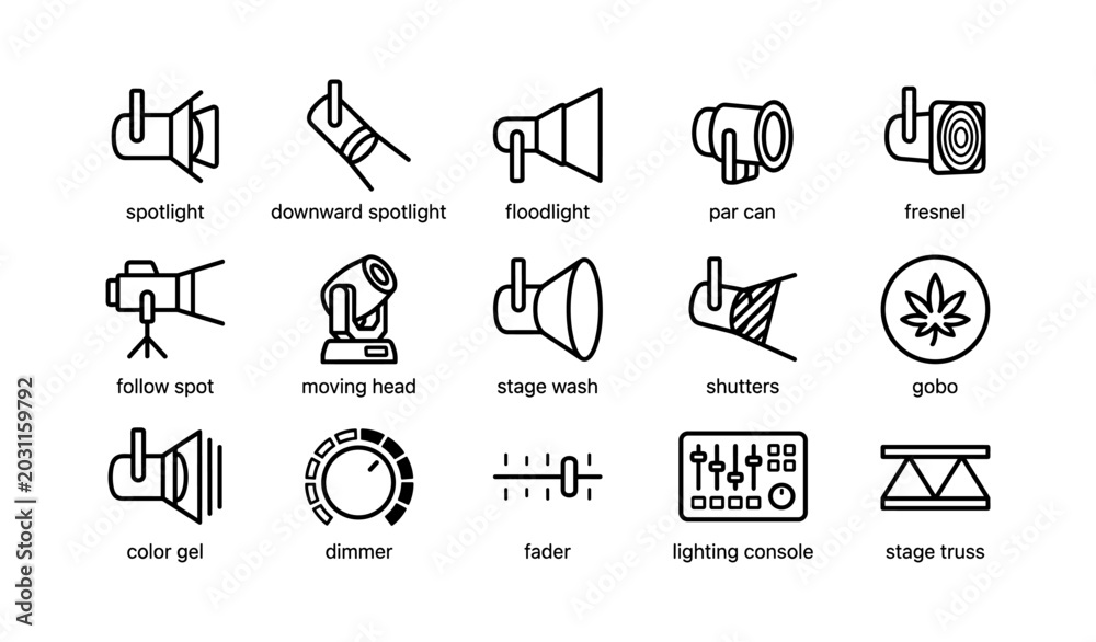 Fototapeta premium Stage lighting and rigging icons showing fixtures and controls