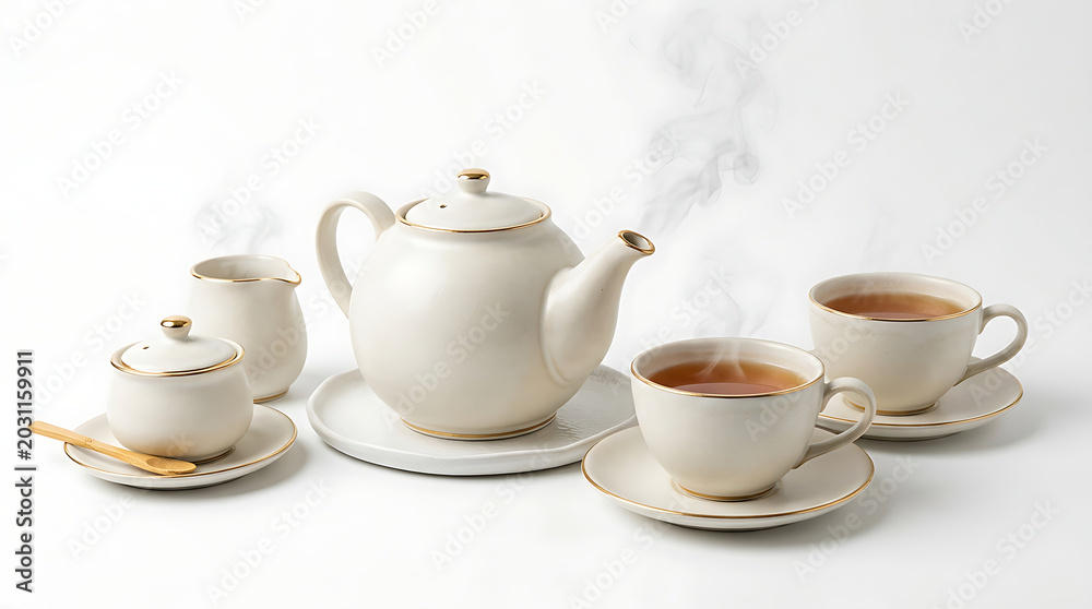 Fototapeta premium Elegant white tea set with gold trim on a white background