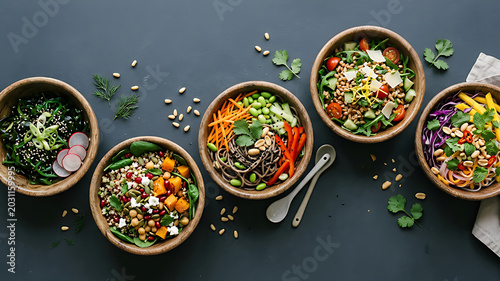 Colorful vegetarian grain bowls with fresh vegetables and seeds arranged on dark table