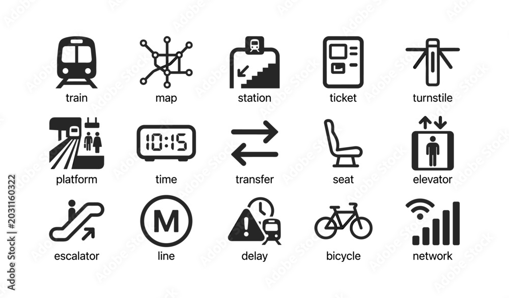 Fototapeta premium Transport icons showing train services and station features on white