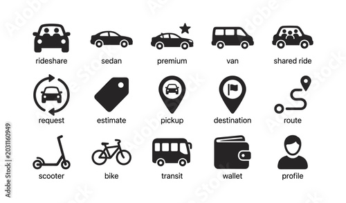 Transportation and rideshare icons showing vehicles and routes