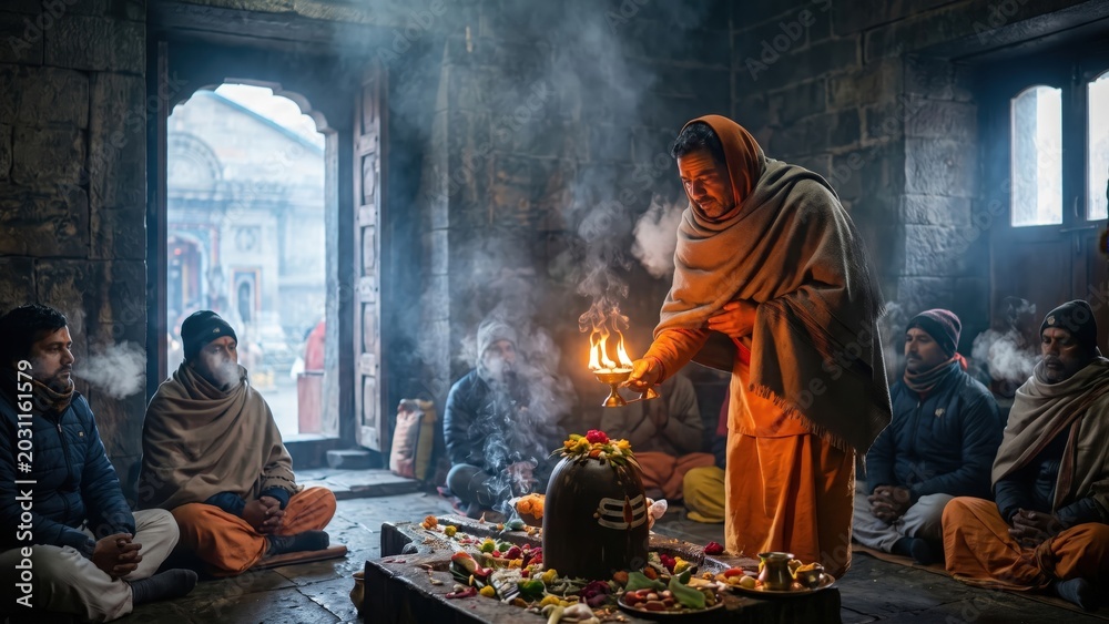 Fototapeta premium Kedarnath Morning Aarti – Cold Himalayan Shiva Temple Devotion
