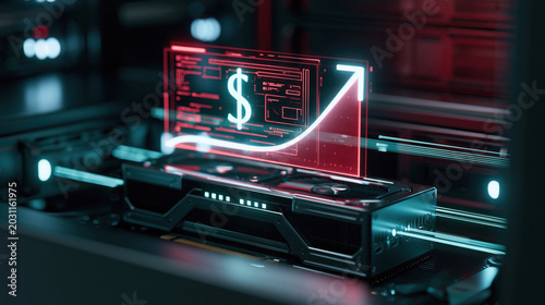 Cinematic close-up of enterprise GPU server with glowing holographic financial overlay showing sharply rising cost curve and dollar sign. Concept of AI compute power pricing