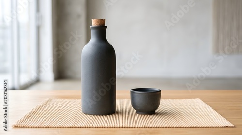 Sake bottle and cup on table.