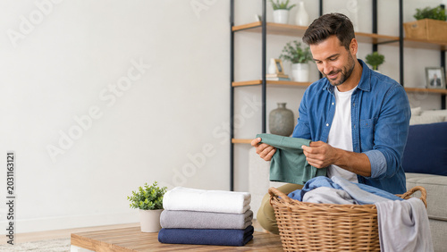 smiling man folding laundry  concept of domestic equality and organized home care