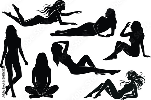 Quadro su tela Collection of women in various poses black silhouette