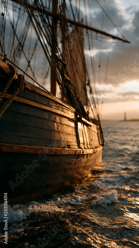 Nautical Voyage at Sunset: A majestic wooden sailing ship navigates the ocean waves as the sun descends, casting a warm.