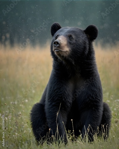 An ashen asiatic black bear cub  fantasy animal experiment, fictional species in an astral dust meadow