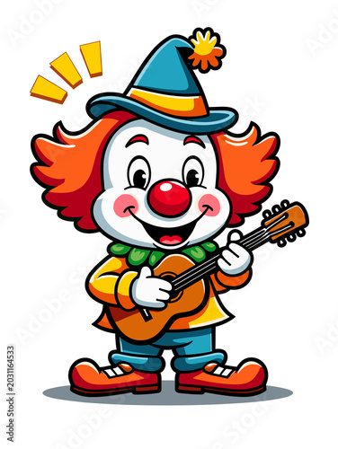 Funny clown playing guitar - children's illustration, circus character, musical clown, cartoon art