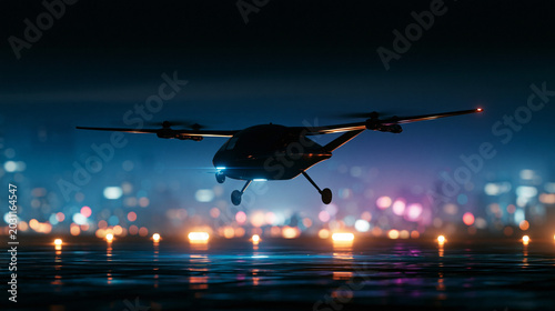 Futuristic eVTOL Drone Landing at Night: A cutting-edge electric vertical takeoff and landing (eVTOL) drone descends onto a landing pad at night.