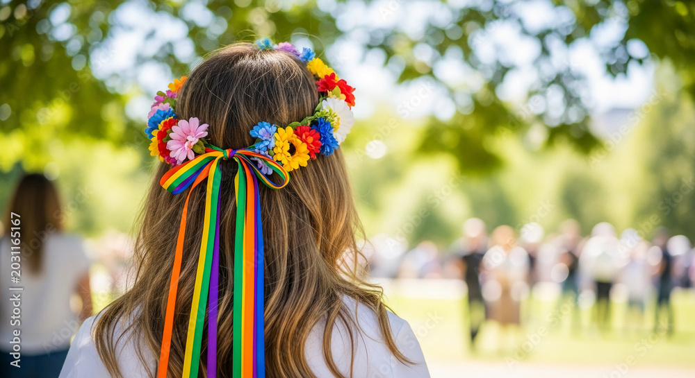 Naklejka premium Woman's back with a vibrant flower crown adorned with rainbow ribbons, symbolizing pride and celebration in a park setting, creating a festive atmosphere