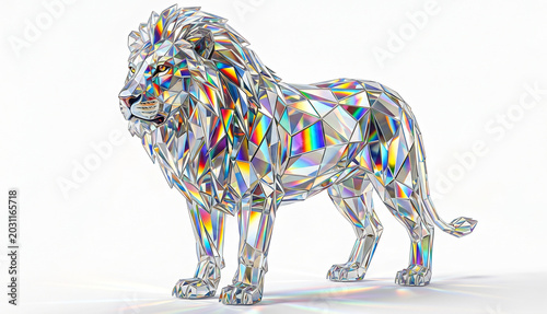 Majestic low poly geometric crystal lion with colorful prismatic light reflections isolated on white