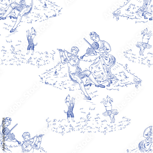 Schilderij op canvas Man playing the flute, woman playing the violin, two dogs dancing, rococo style story, blue toile de Jouy pattern