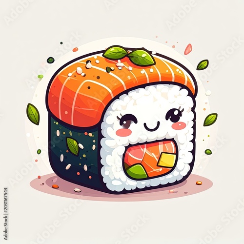 Cute cartoon sushi roll smiling face.