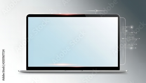 A sleek silver laptop with a blank screen on a white and gray gradient background with futuristic circuit elements