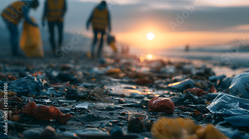 Volunteers clean beach as sunset approaches in community effort to remove litter and protect the environment
