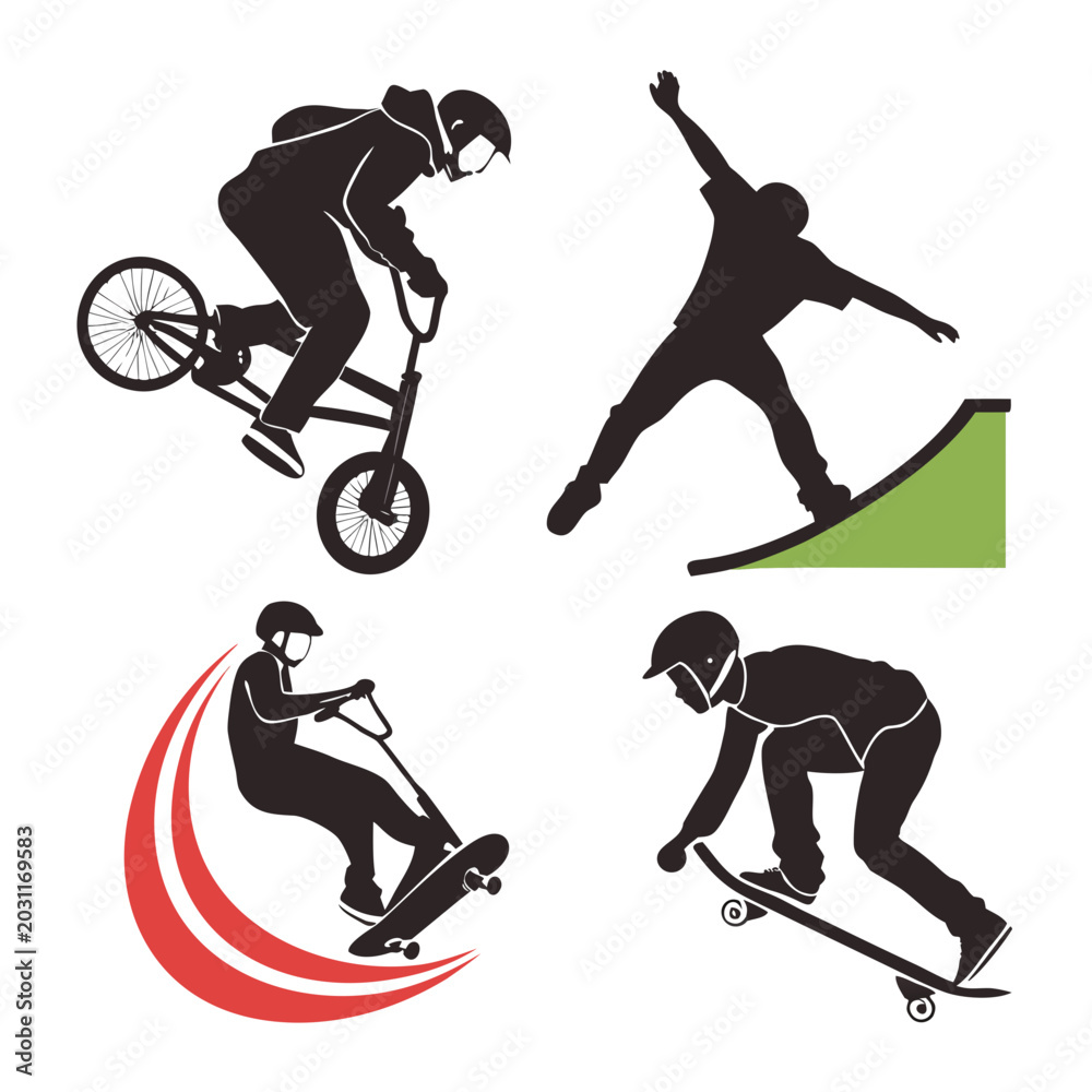 Fototapeta premium Extreme sports silhouette icons featuring bmx biking skateboarding ramp riding