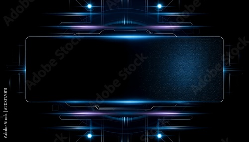 A futuristic neon-lit rectangle with blue and purple lights against a dark background for a digital or tech-themed design element