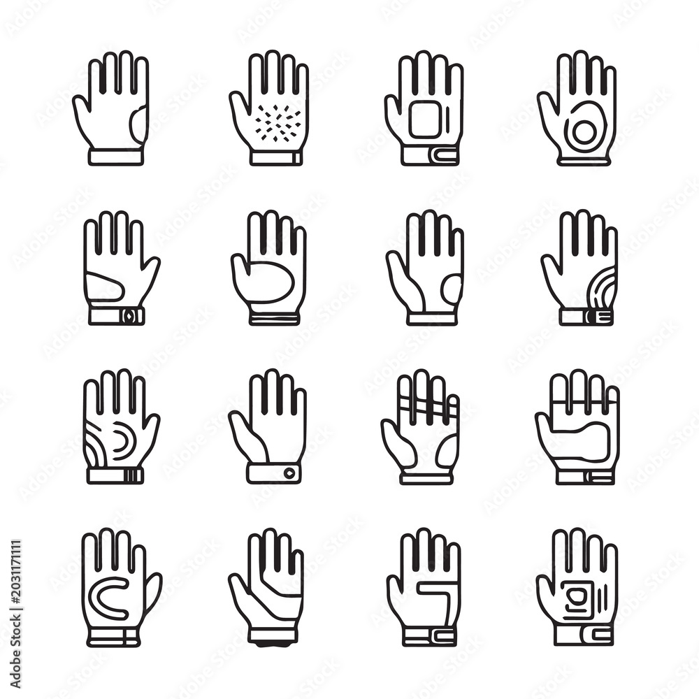 Fototapeta premium Set of diverse glove icons with clean lines against a white background for design projects