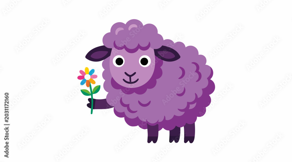 Obraz premium Purple sheep holding a flower. Simple farm animal character. Flat design vector illustration