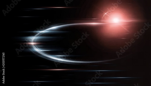 A glowing white ring orbits a bright red star in a dark space with streaks of light