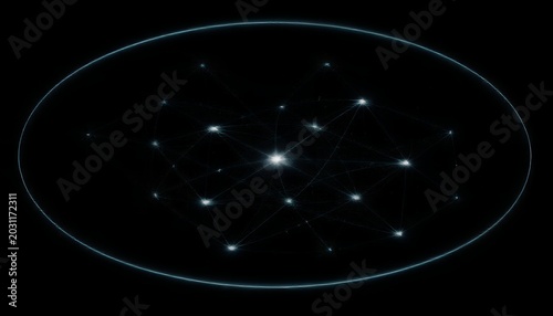 A glowing white star shines brightly at the center of a constellation surrounded by a thin blue oval outline in space