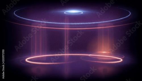 A glowing cylindrical tunnel with neon rings pulsing brightly in shades of blue and orange against a dark background