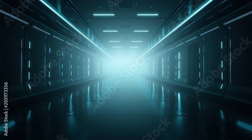 Futuristic dark corridor with glowing blue neon lights and reflective floor in a sci-fi spaceship interior