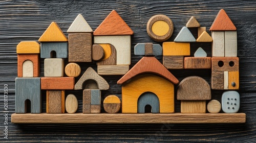 Various sized wooden blocks on dark wood board