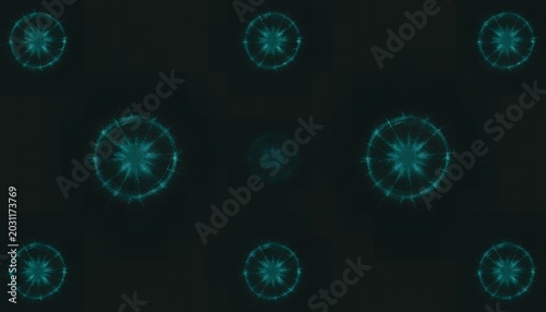 Glowing blue circular patterns with starburst centers arranged in a grid on a dark background with a futuristic aesthetic