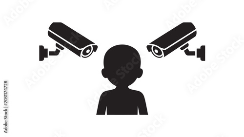Black silhouette of a person between two security cameras