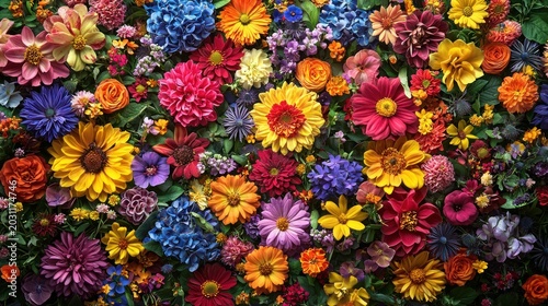 Vibrant flowers create a colorful, dense texture