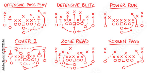 American football playbook tactical strategy schemes red ink line drawing