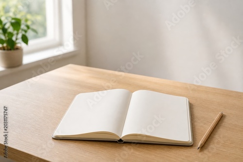 Open notebook on a wooden table next to a plant in a bright room with a window during daylight hours