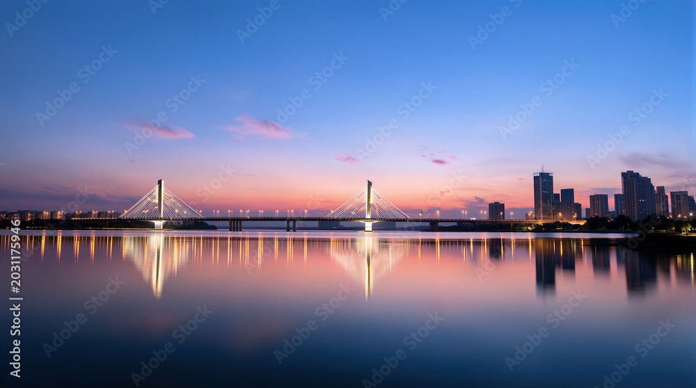 Obraz premium Cable-stayed Bridge And City Skyline At Dusk