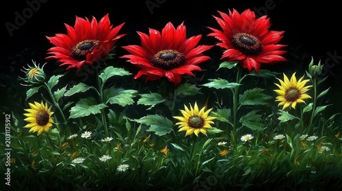 Vivid red flowers with green grass and small flowers