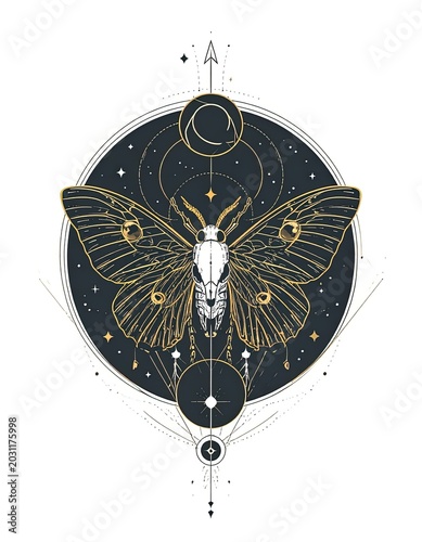 Golden moth in celestial design circle.