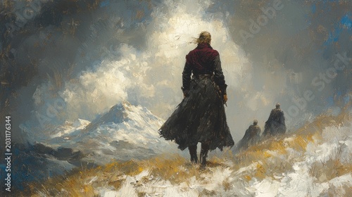 Wanderer stands on a snowy hill, looking at the mountains