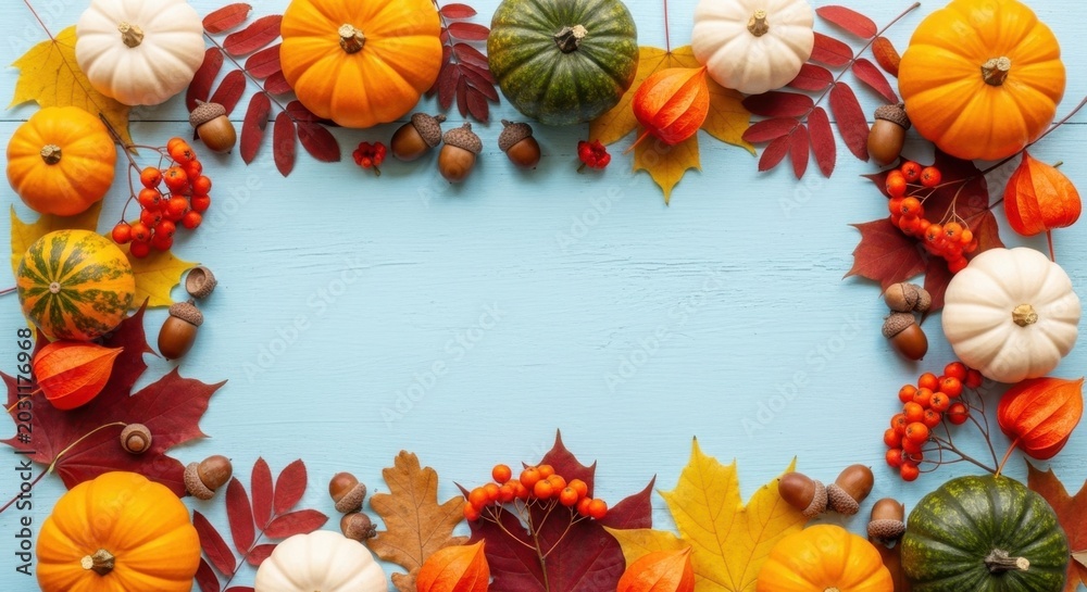 Obraz premium Autumn Harvest Border with Pumpkins and Leaves