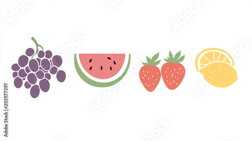Summer fruits: a watermelon wedge, an lemon , a strawberry and a grape. A bright banner with a white background.