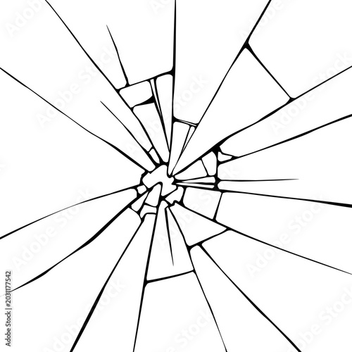 Abstract broken glass crack pattern. Radial shattered glass texture with sharp fracture lines isolated on white. Vector conceptual illustration in vintage black and white line and engraving style.
