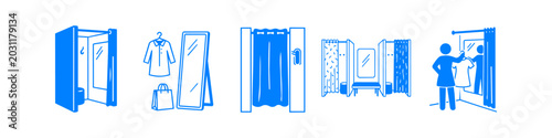 Tableau sur toile Set of blue linear icons depicting fitting rooms, dressing rooms, mirrors, and shopping elements for clothing retail stores and fashion boutiques